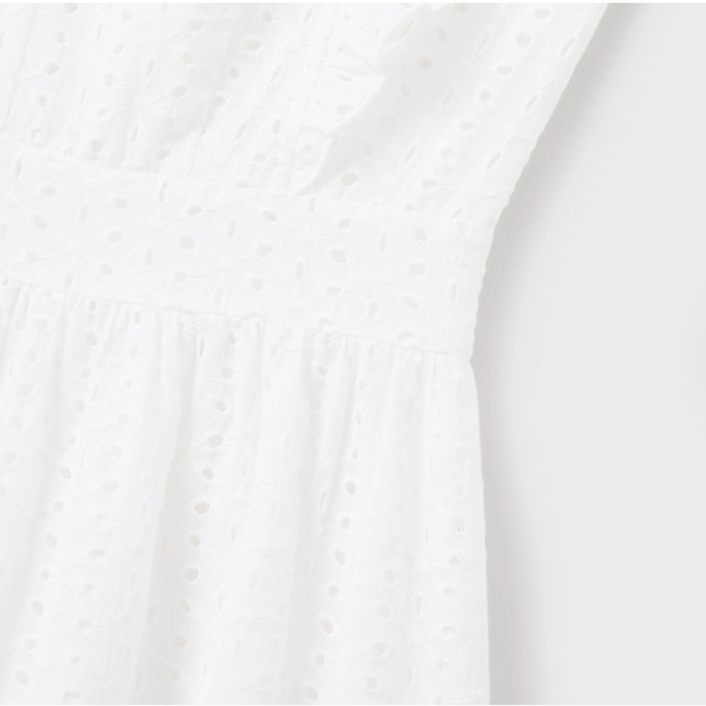A-Line White Flutter Short Sleeve Eyelet Lace Embroidery Cotton Midi Dress - Picture 8 of 15